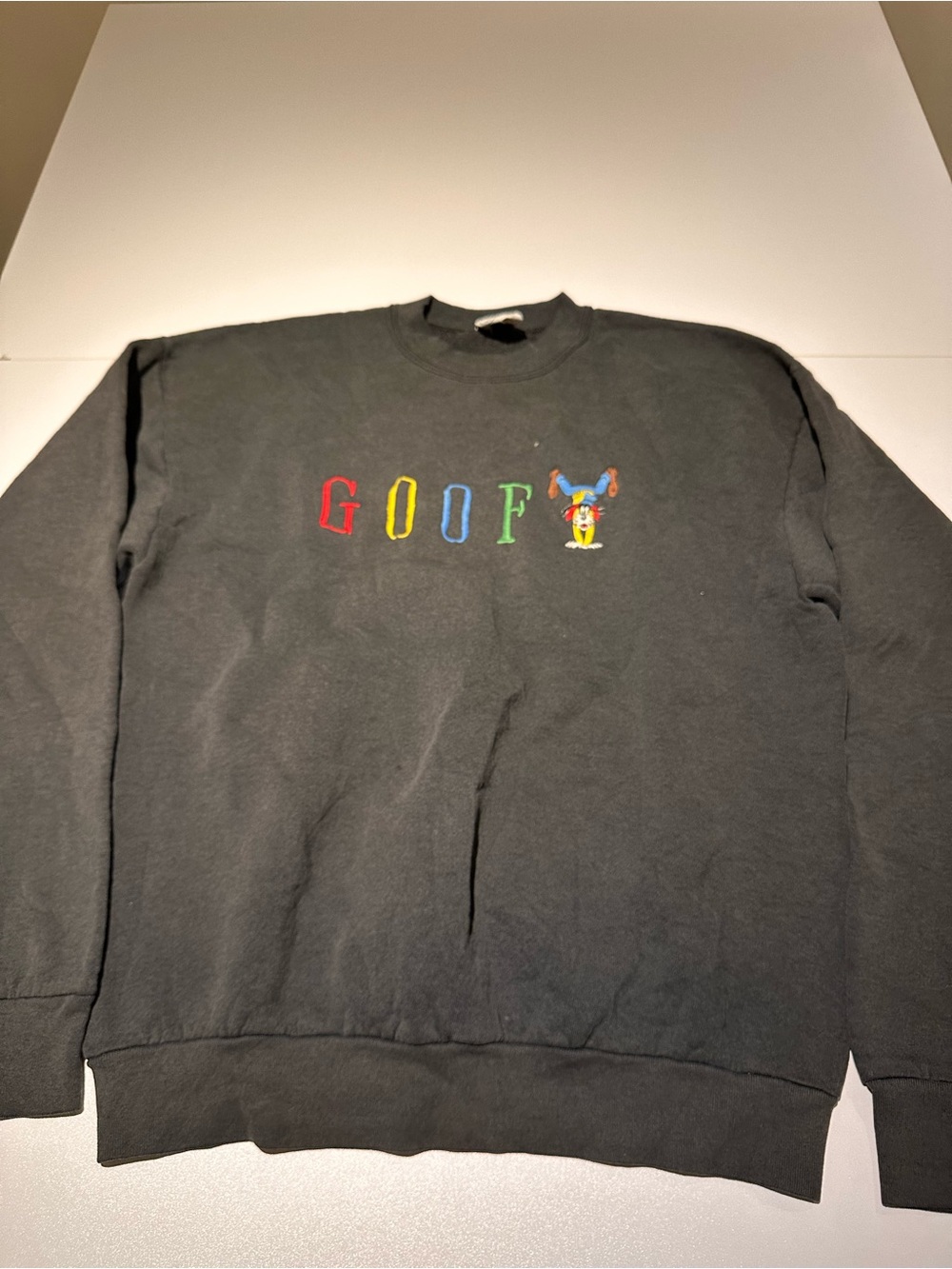 Men's Black Crewneck Sweater with Colorful 'G O O F' Embroidery